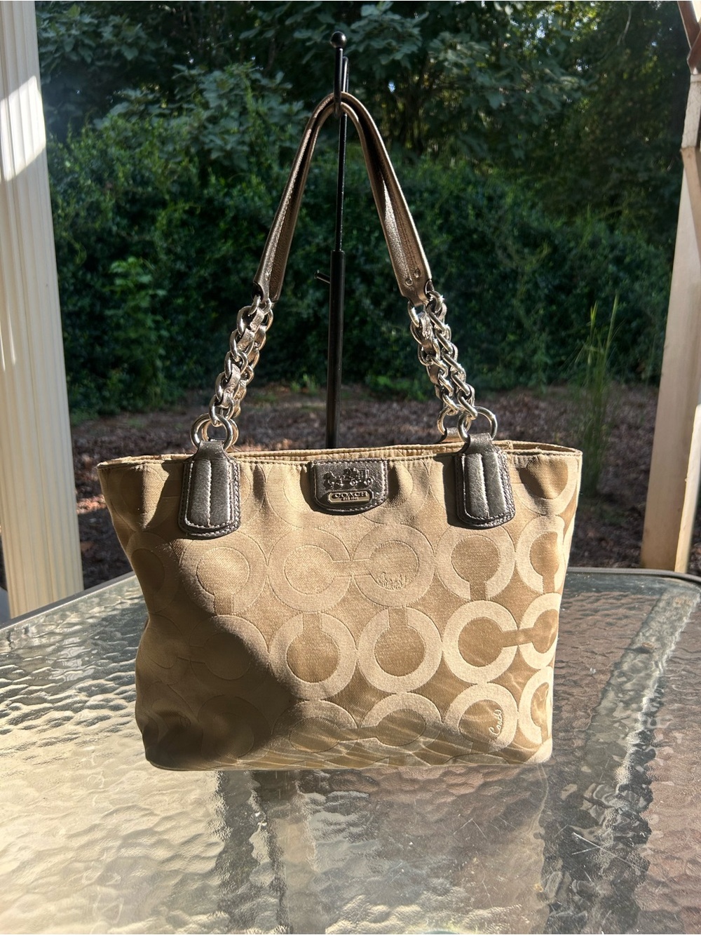 Coach 20481 Signature Jacquard Metallic Gold Chain Strap Tote Bag